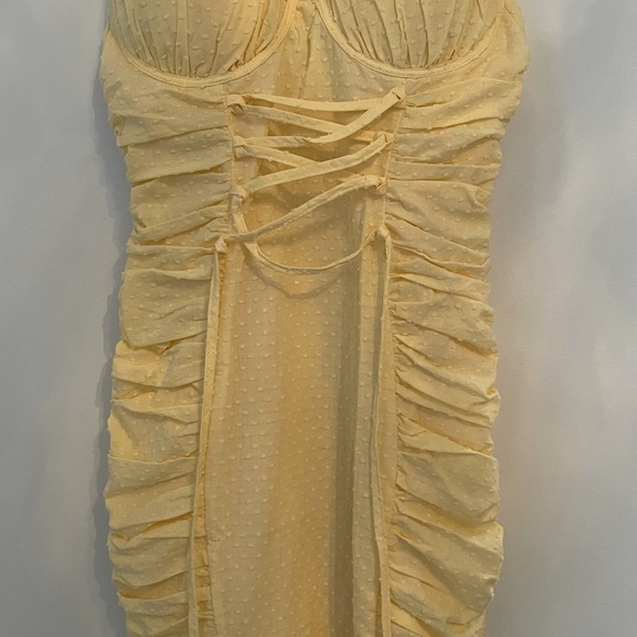 Yellow Ruched cami mini dress with lace up corset. - Picture 2 of 3